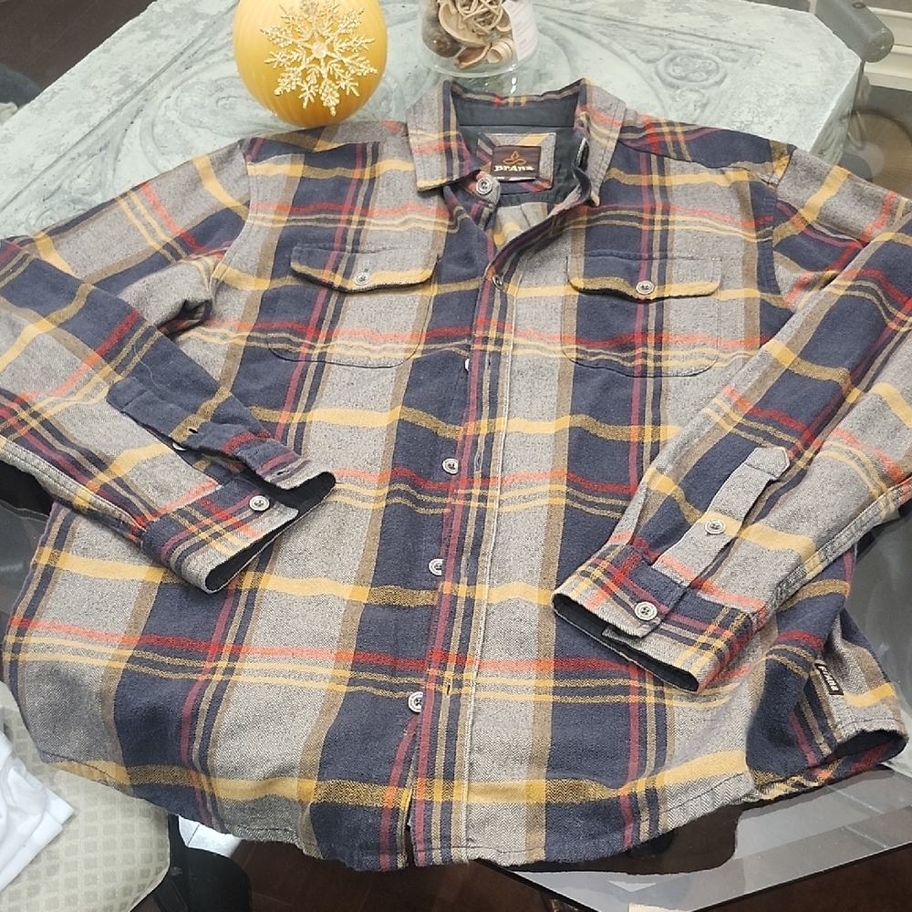 Prana Multicolor Plaid Flanel Organic Cotton Oversized Large Button Down Shirt L